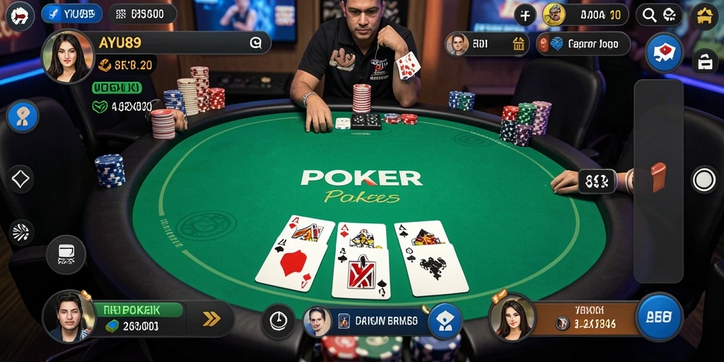 Tampilan antarmuka AYU89 saat permainan Poker berlangsung.