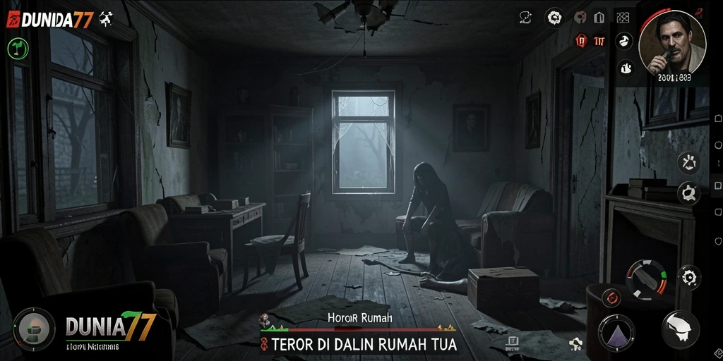 Antarmuka menyeramkan dalam game horor DUNIA77 yang menegangkan.